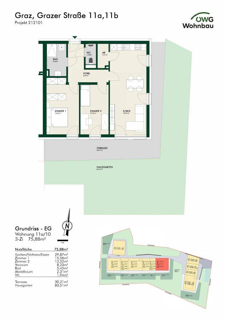 Grundriss einer Erdgeschosswohnung mit drei Zimmern, Terrasse und Hausgarten.