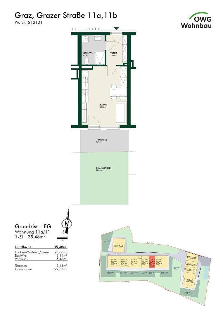 Grundriss einer 1-Zimmer-Wohnung im Erdgeschoss mit Terrasse und Hausgarten.