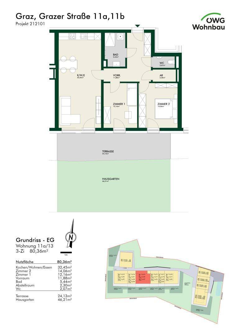 Grundriss einer 3-Zimmer-Wohnung im Erdgeschoss mit Terrasse und Hausgarten.