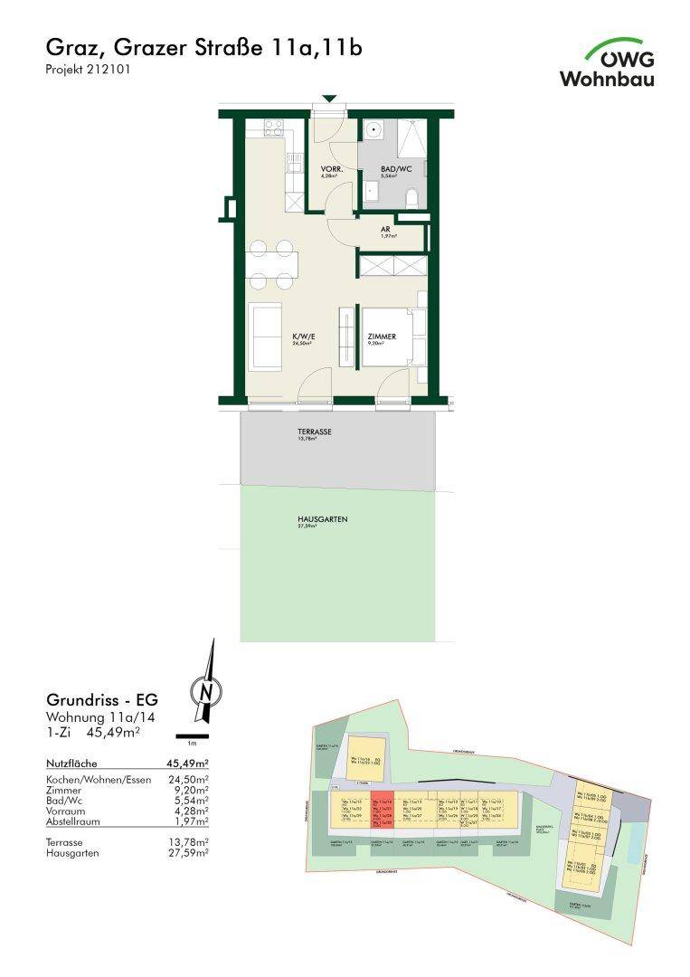 Grundriss einer Erdgeschosswohnung mit Terrasse und Hausgarten, inklusive Raumaufteilung.