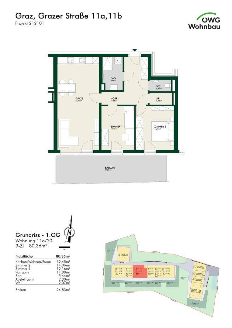 Grundriss einer 3-Zimmer-Wohnung im ersten Obergeschoss mit Balkon und zwei Bädern.