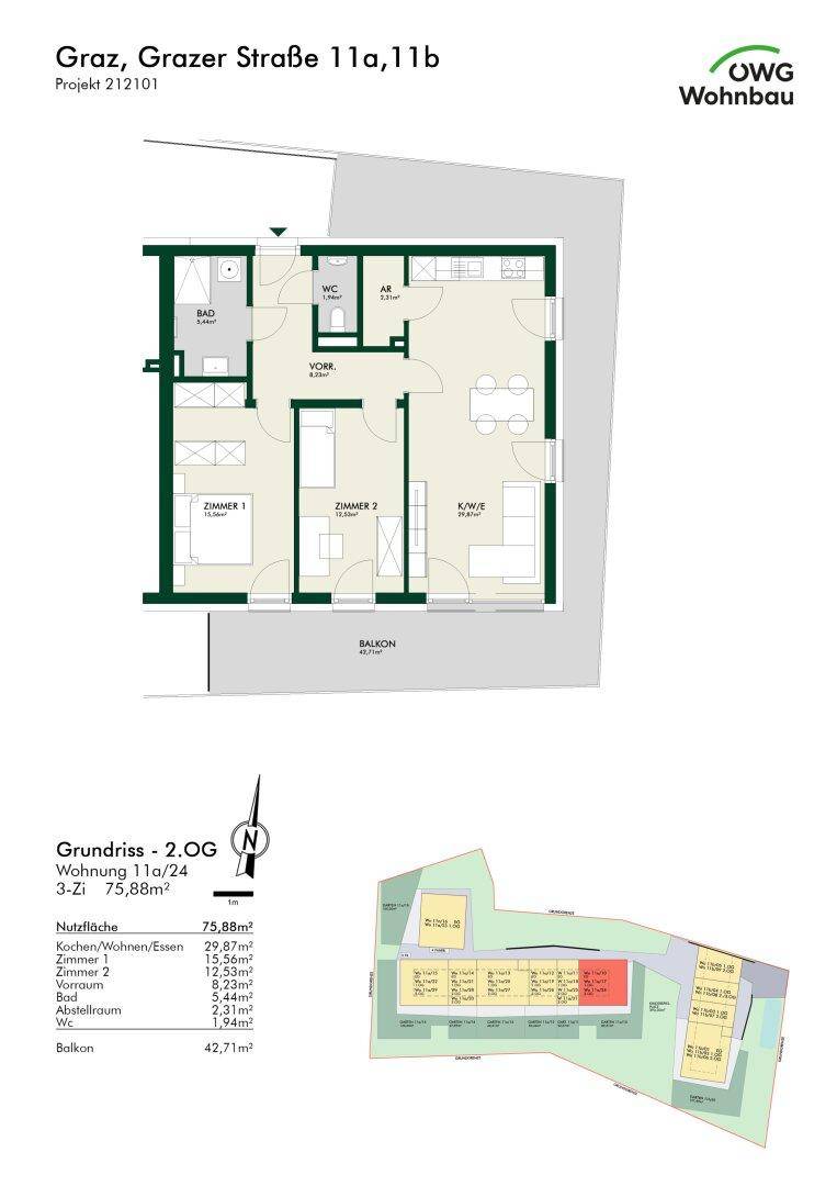 Grundriss der Wohnung 11a/24 im 2. Obergeschoss mit offenem Wohnbereich und Balkon.