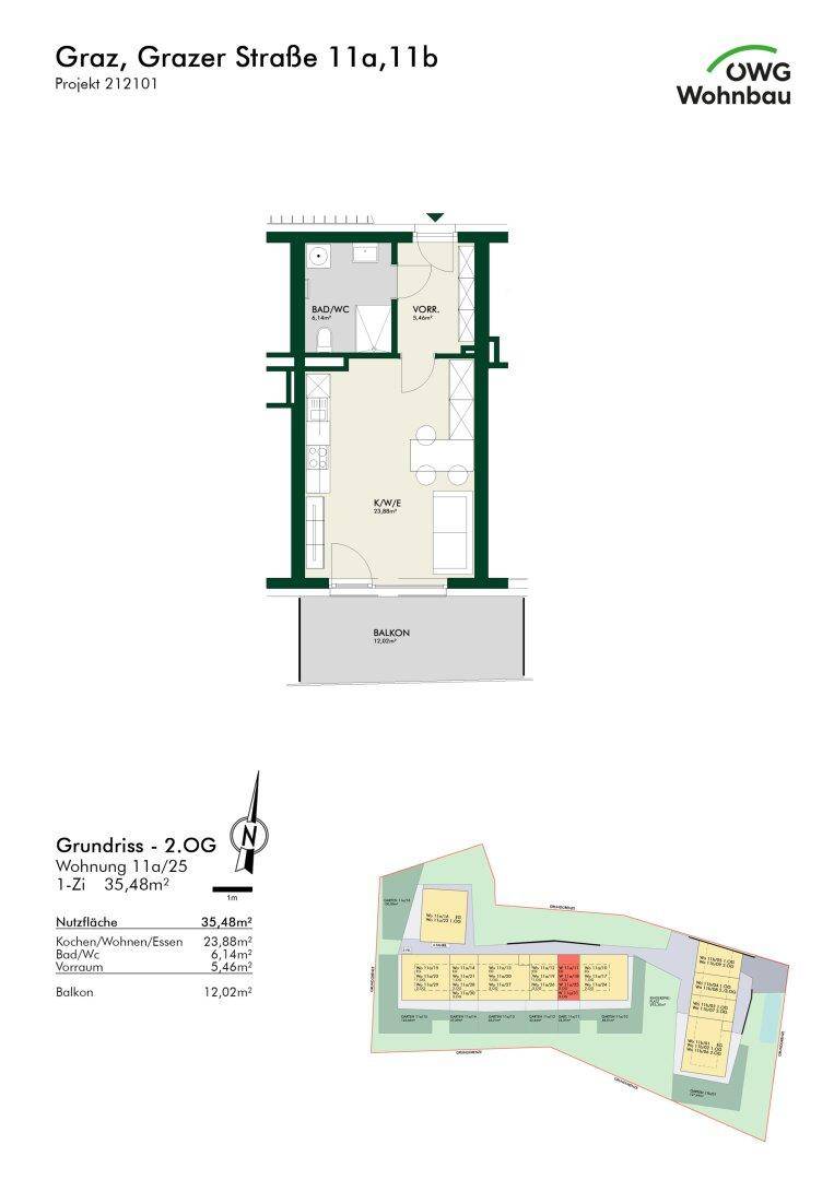 Grundriss einer kompakten 1-Zimmer-Wohnung im 2. Obergeschoss mit Balkon und Bad.