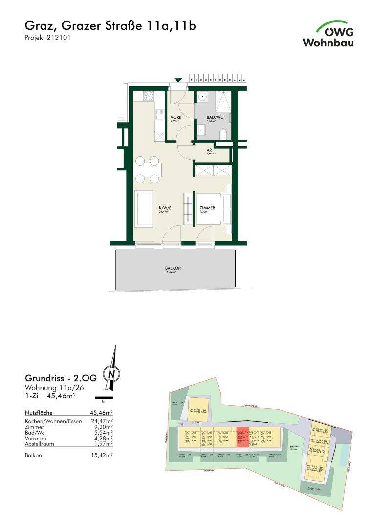 Grundriss einer 1-Zimmer-Wohnung im 2. Obergeschoss mit Balkon und Gesamtübersicht.
