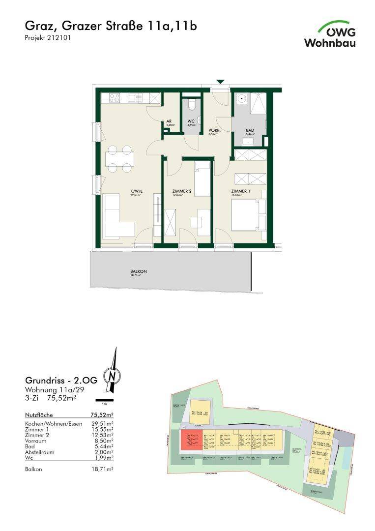 Detaillierter Grundriss einer 3-Zimmer-Wohnung mit Balkon und separatem WC.