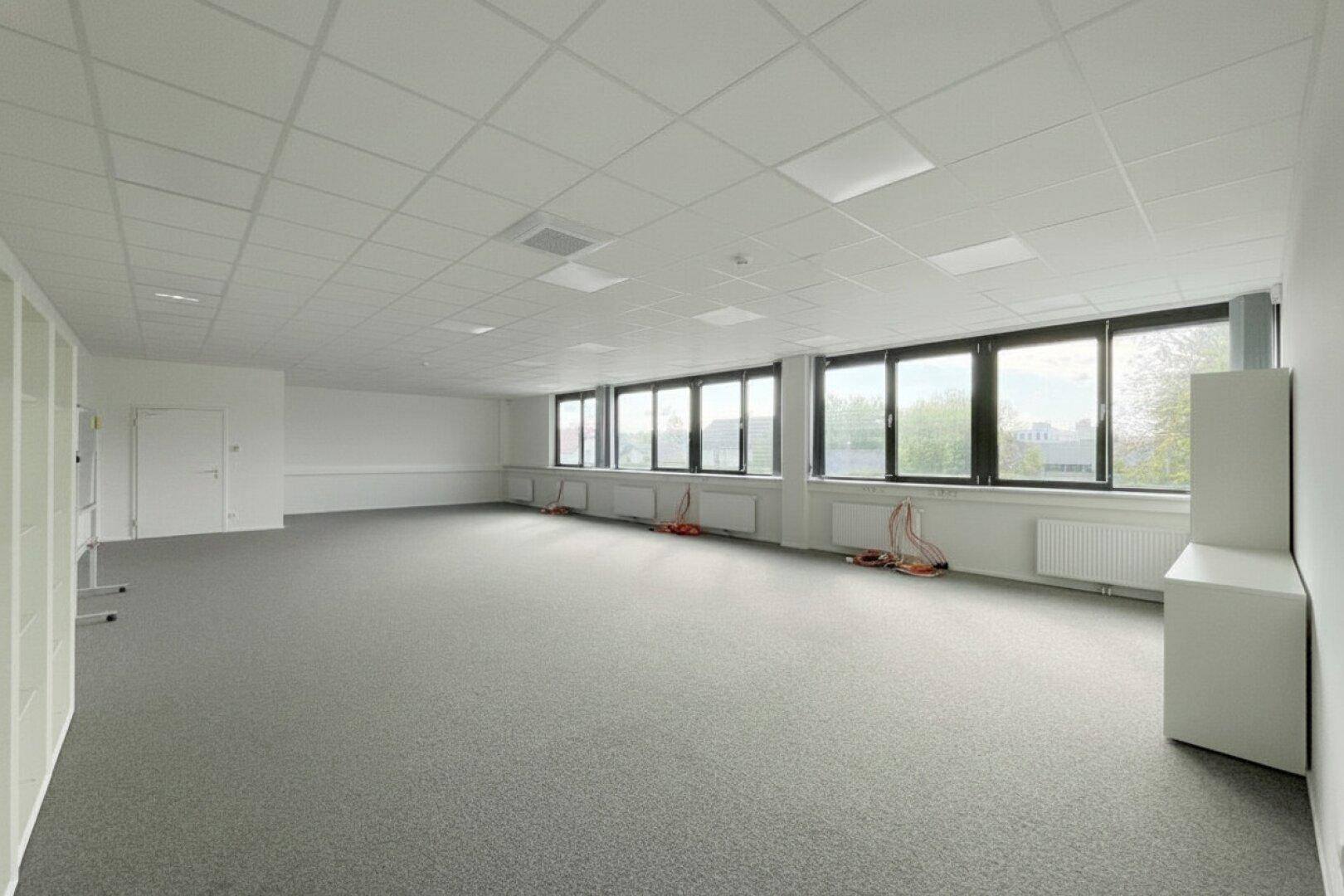 Geräumiges, unmöbliertes Büro mit Teppichboden, großen Fenstern und weiß gestrichenen Wänden.