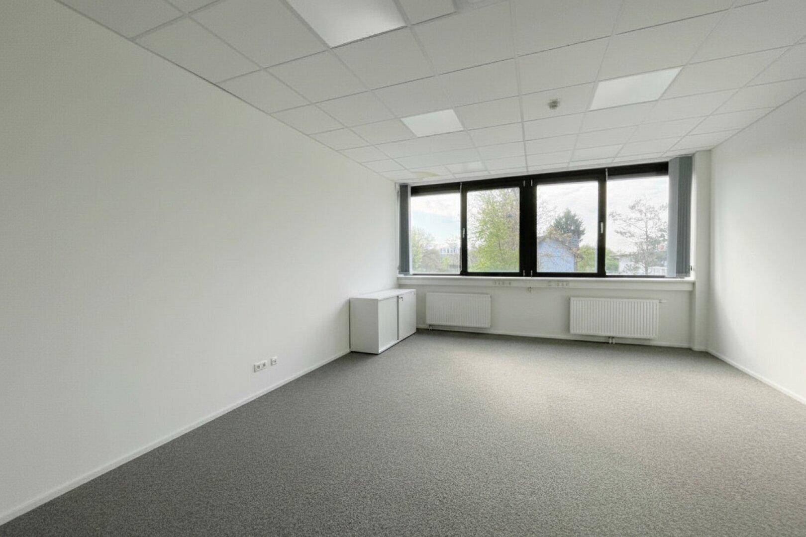 Unmöbliertes Büro mit Teppichboden, Fenstern und einem kleinen weißen Schrank an der Wand.