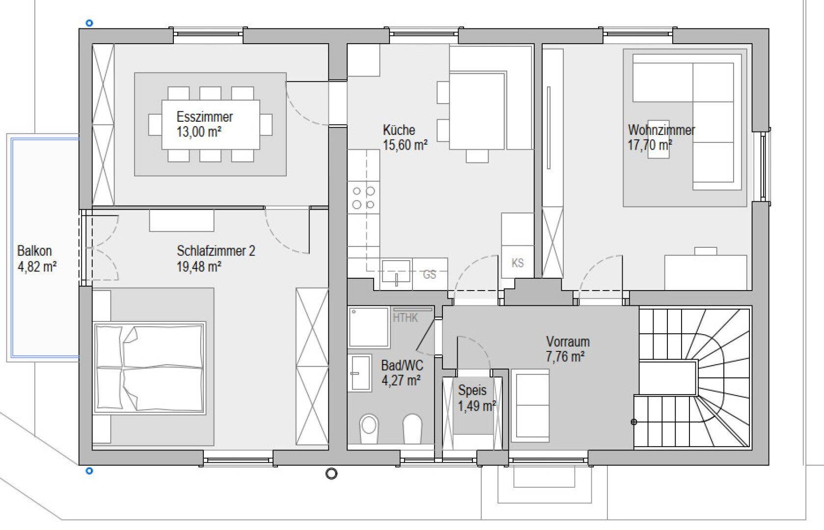 Grundriss des Obergeschosses mit Esszimmer, Küche, Wohnzimmer und Balkon.
