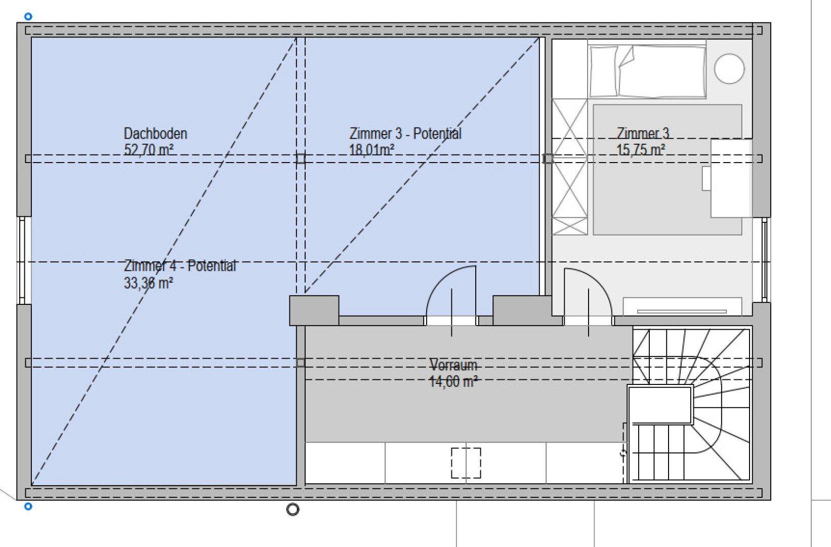Grundriss des Dachgeschosses mit Dachboden und Potenzial für weitere Zimmer.