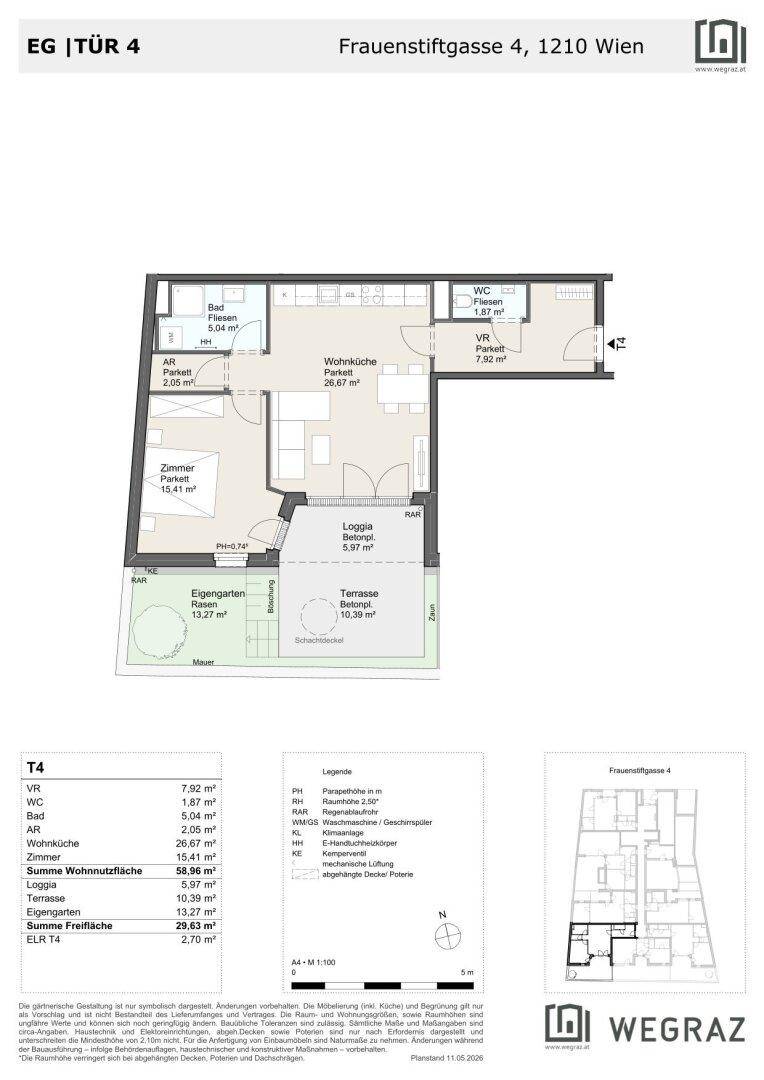 Grundriss einer Wohnung mit Wohnküche, Schlafzimmer, Bad, Loggia, Terrasse und Eigengarten.