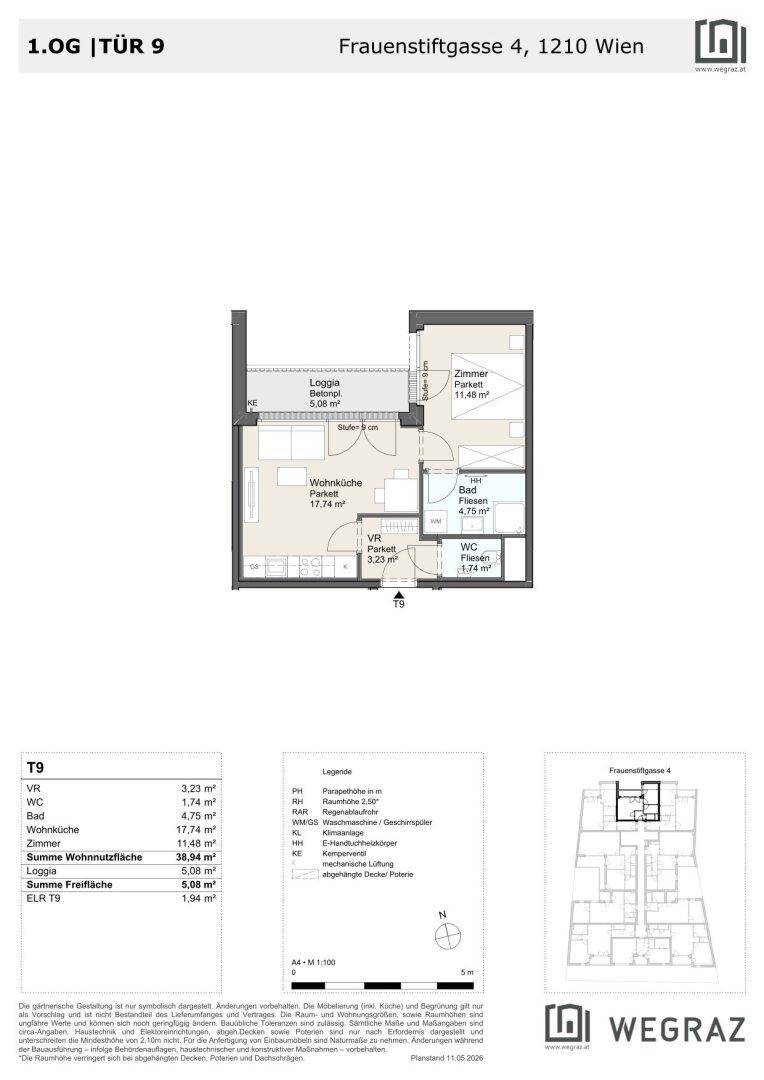 Grundriss einer Wohnung im ersten Obergeschoss mit Wohnküche, Schlafzimmer und Loggia.