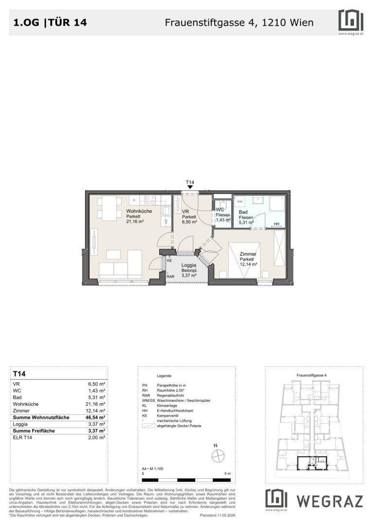 Grundriss einer Wohnung im ersten Obergeschoss mit Loggia und separatem WC.