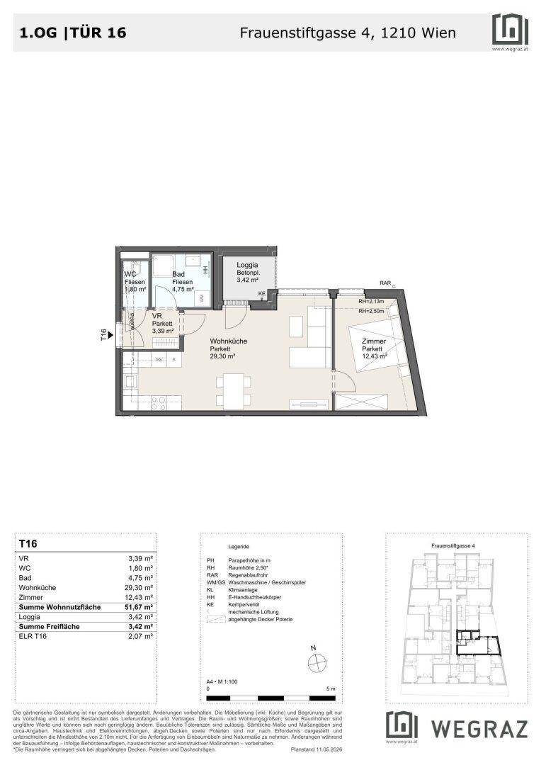 Grundriss einer Wohnung im ersten Obergeschoss mit Wohnküche, Schlafzimmer und Loggia.