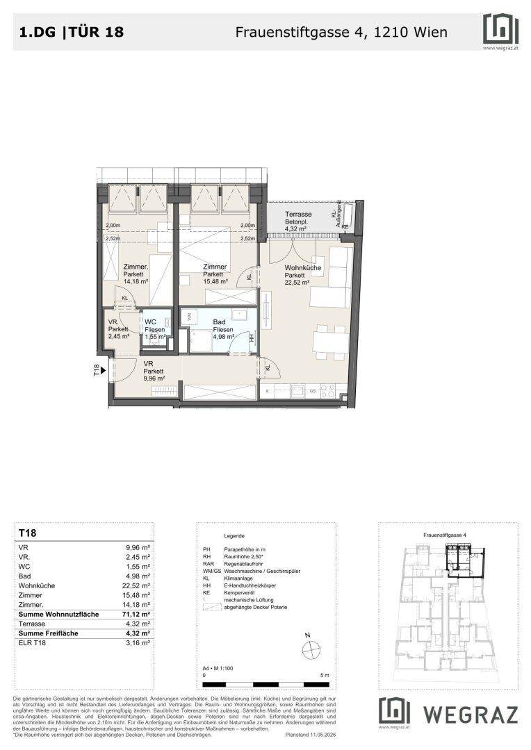 Grundriss einer Wohnung im ersten Obergeschoss mit Terrasse und separatem WC.