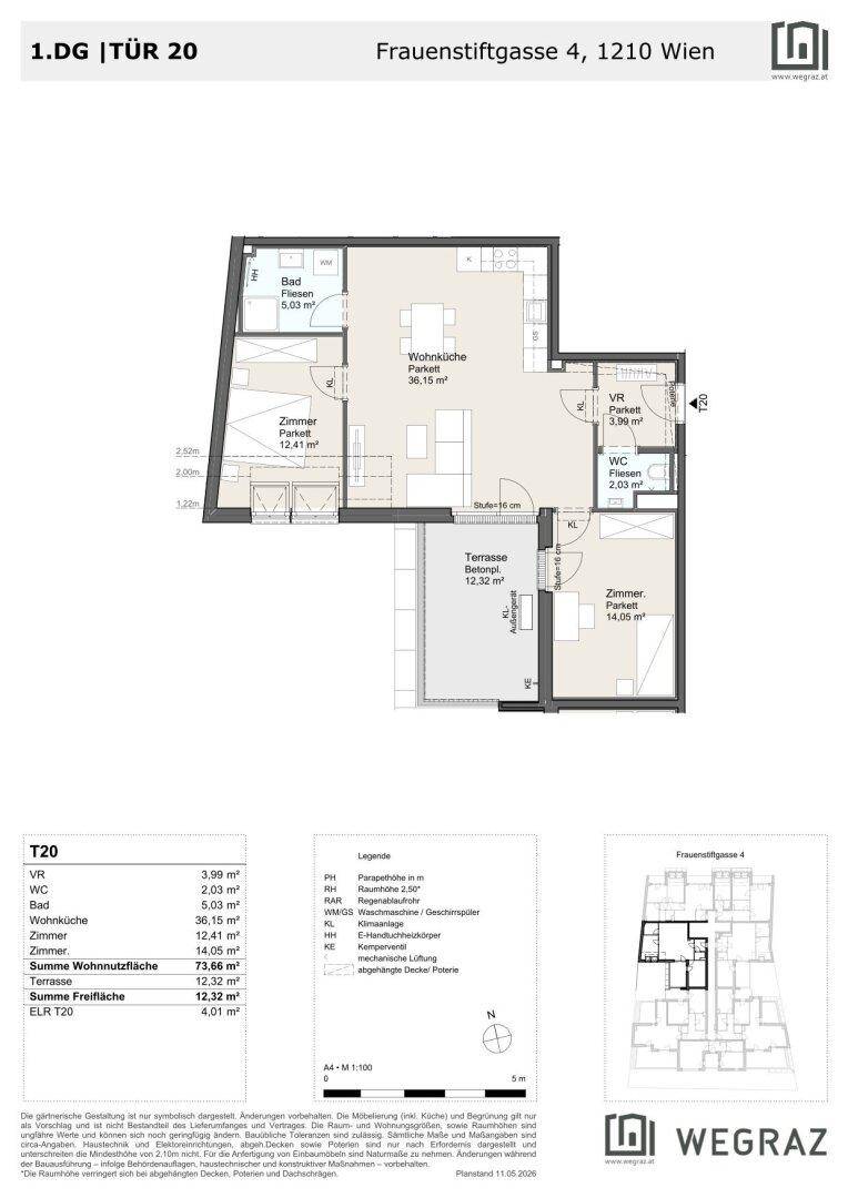 Detaillierter Grundriss einer Wohnung mit Wohnküche, Zimmern und Terrasse.