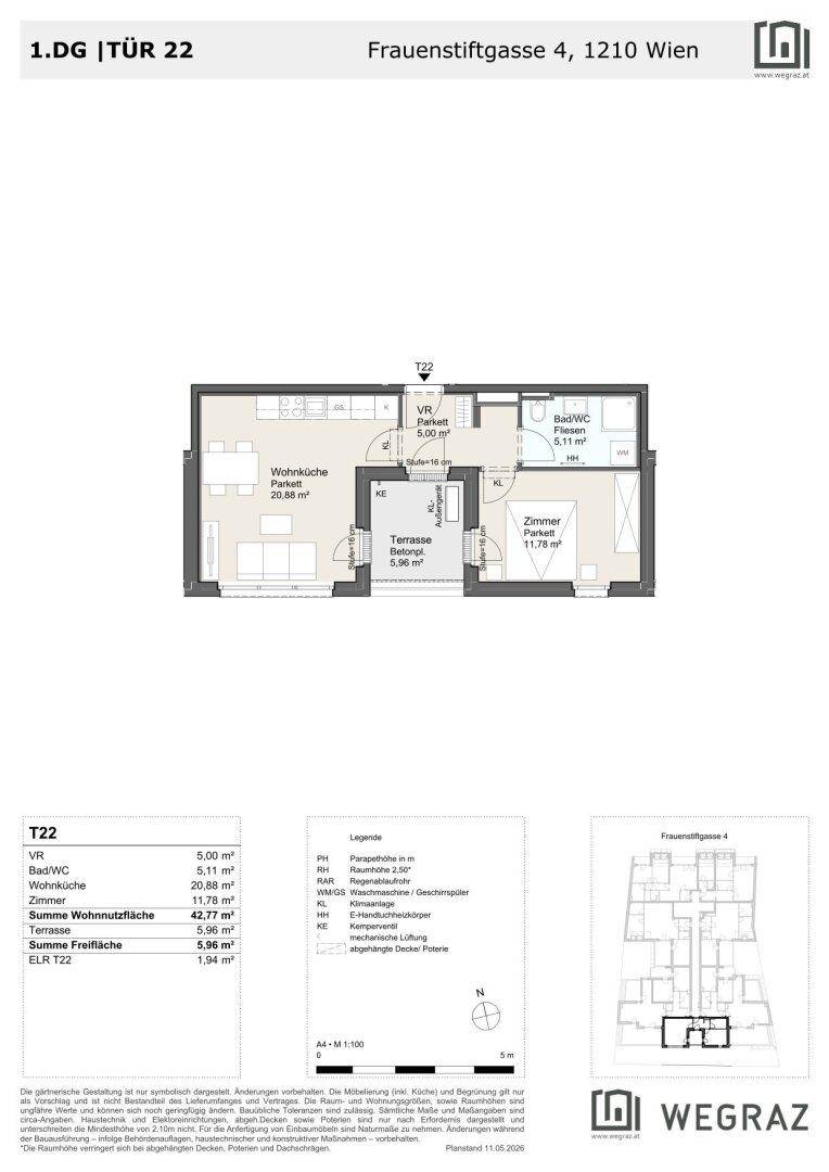 Grundriss der Wohnung TÜR 22 im ersten Dachgeschoss mit offener Küche und Terrasse.