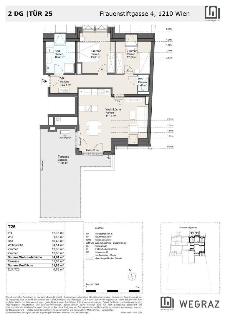 Grundriss einer Wohnung mit drei Zimmern, Terrasse und separatem WC.