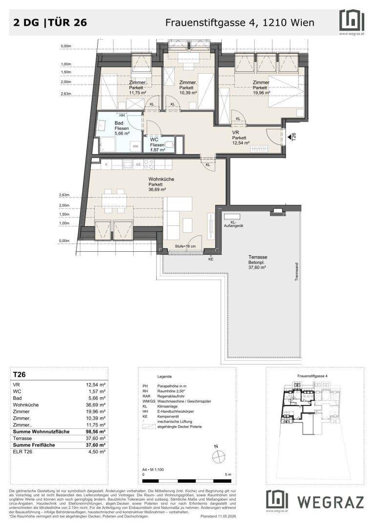 Grundriss einer Wohnung mit drei Zimmern, Wohnküche und großer Terrasse im Dachgeschoss.