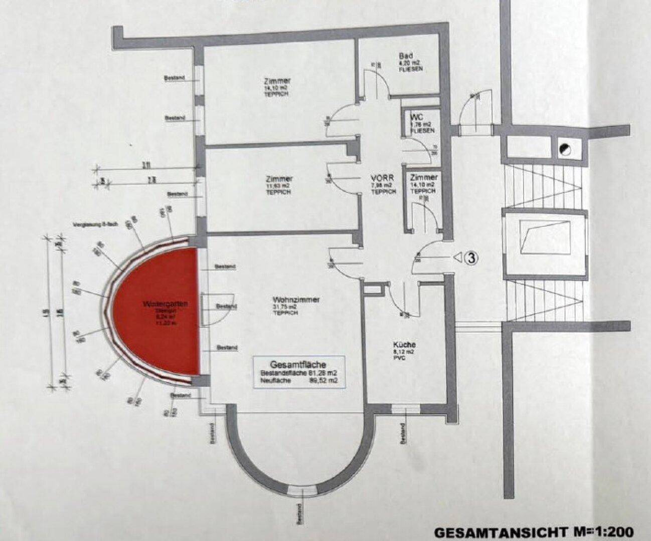 Grundriss einer Wohnung mit mehreren Zimmern, Küche und Wintergarten.