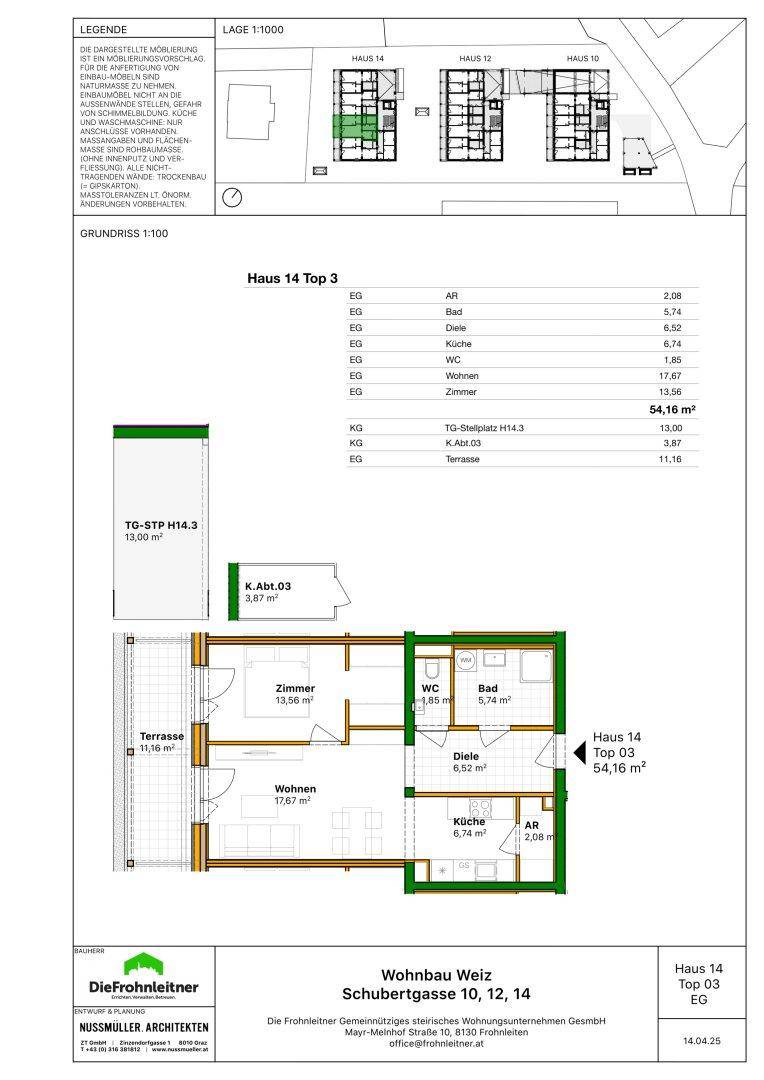 Grundriss für Haus 14 Top 3 mit Terrasse, Wohnbereich, Küche und zwei Zimmern.