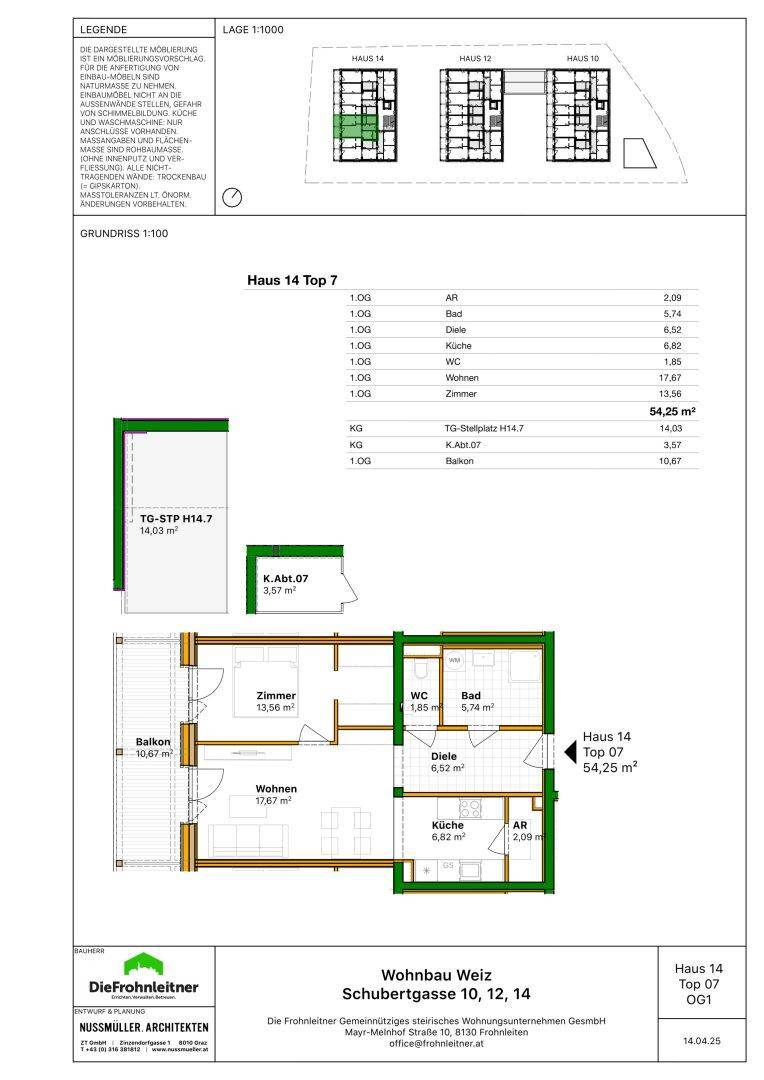 Detaillierter Grundriss von Haus 14 Top 7 mit Balkon und separater Küche.
