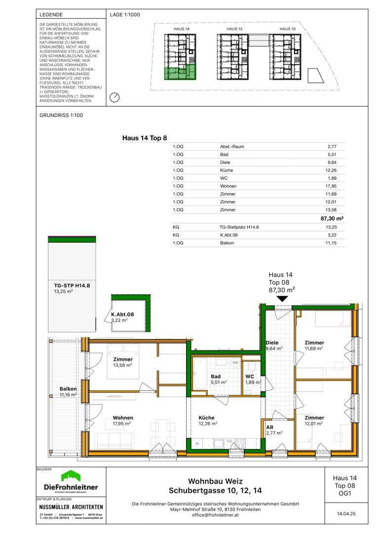 Detaillierter Grundriss der Wohnung Haus 14 Top 8 mit Raumaufteilung und Flächenangaben.