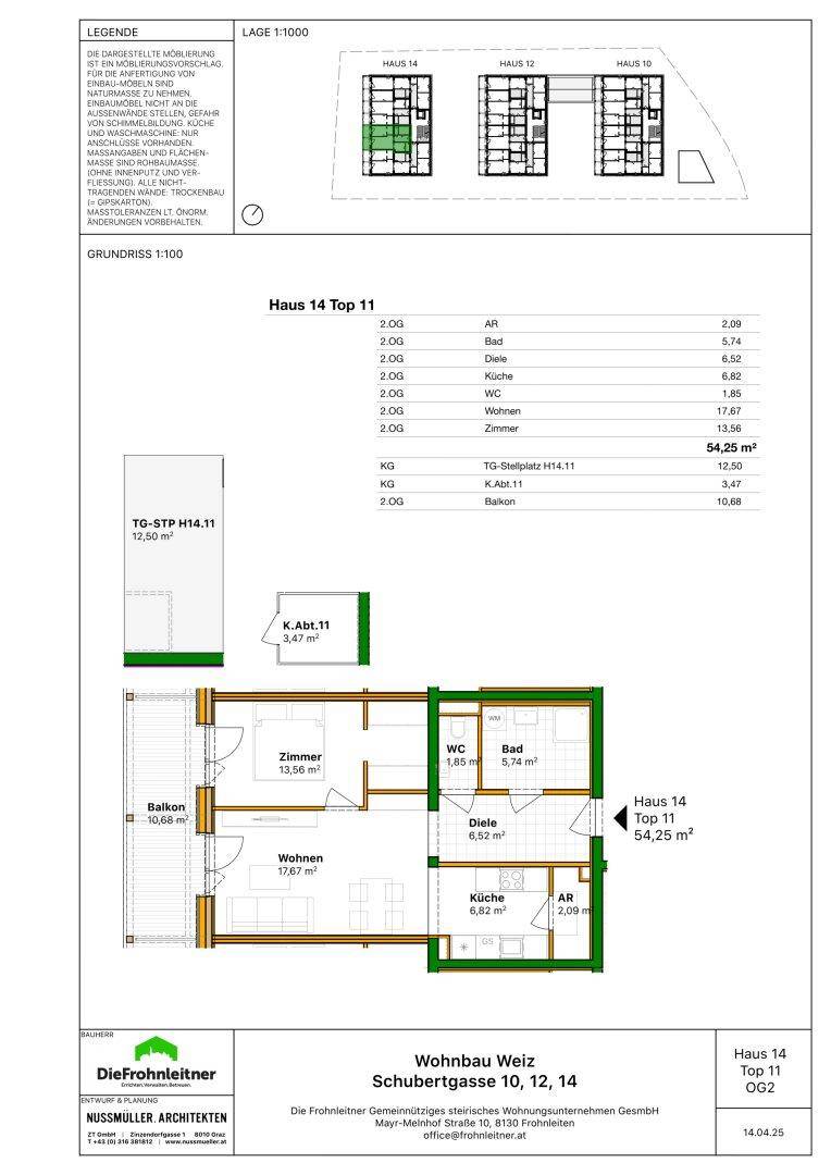 Detaillierter Grundriss einer Wohnung mit 54,25 m² Wohnfläche und Balkon.