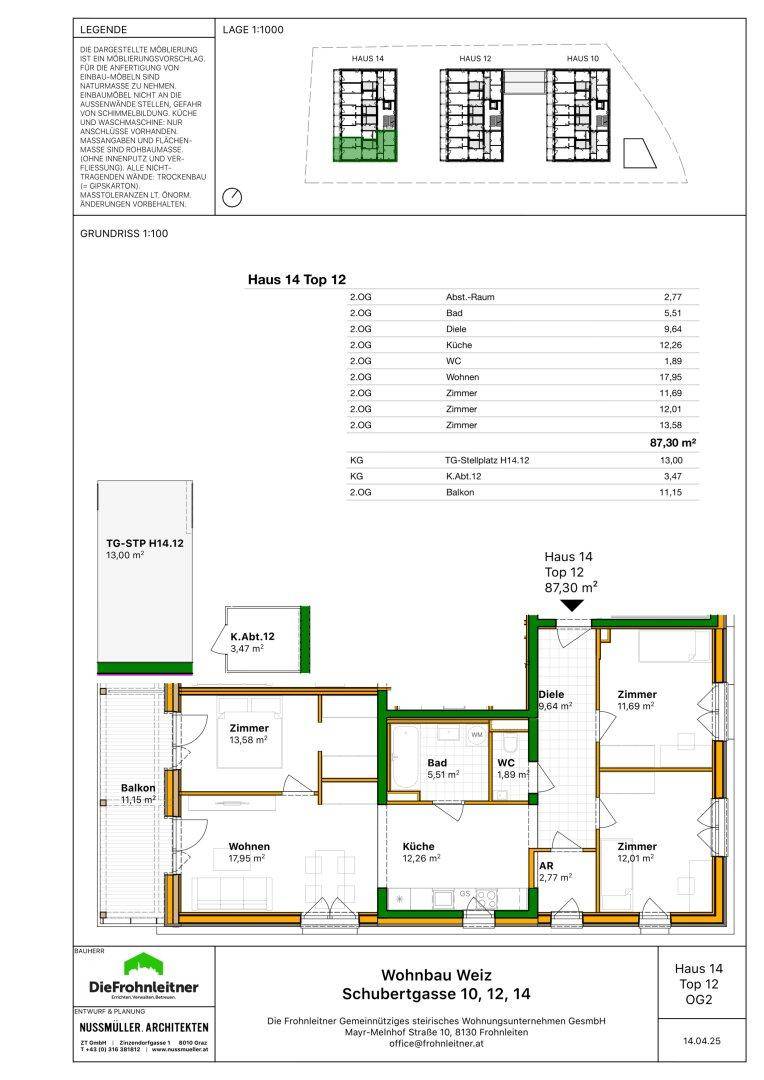 Detaillierter Grundriss für eine Wohnung mit Balkon, Bad, WC und mehreren Zimmern.