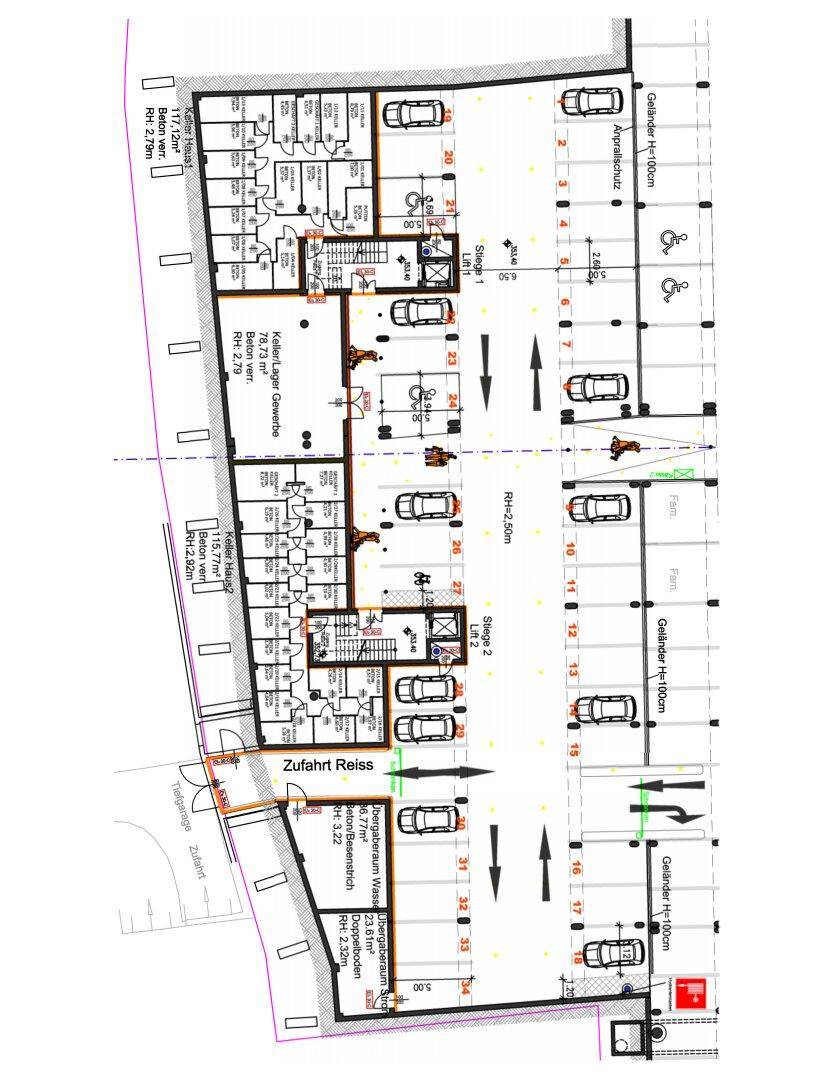 Grundriss des Untergeschosses mit Tiefgaragenstellplätzen, Kellerräumen und barrierefreiem Zugang.