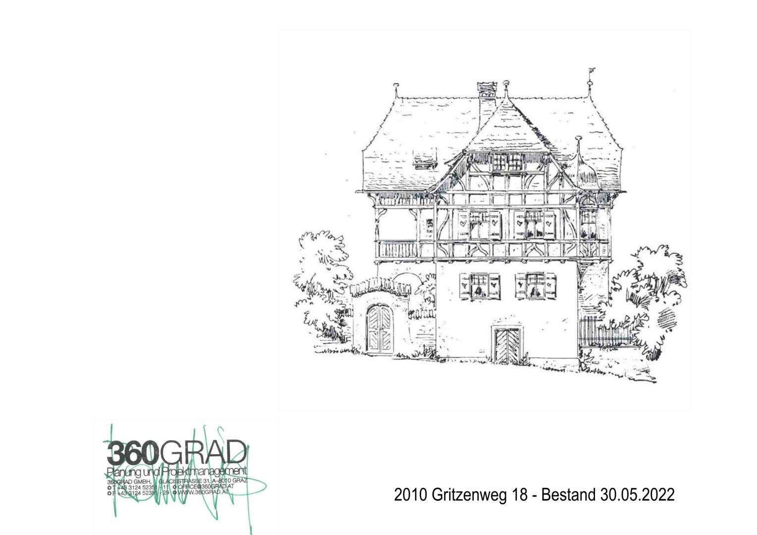 Architektonische Skizze des historischen Gebäudes mit Fachwerkdetails und Ziegeldach.