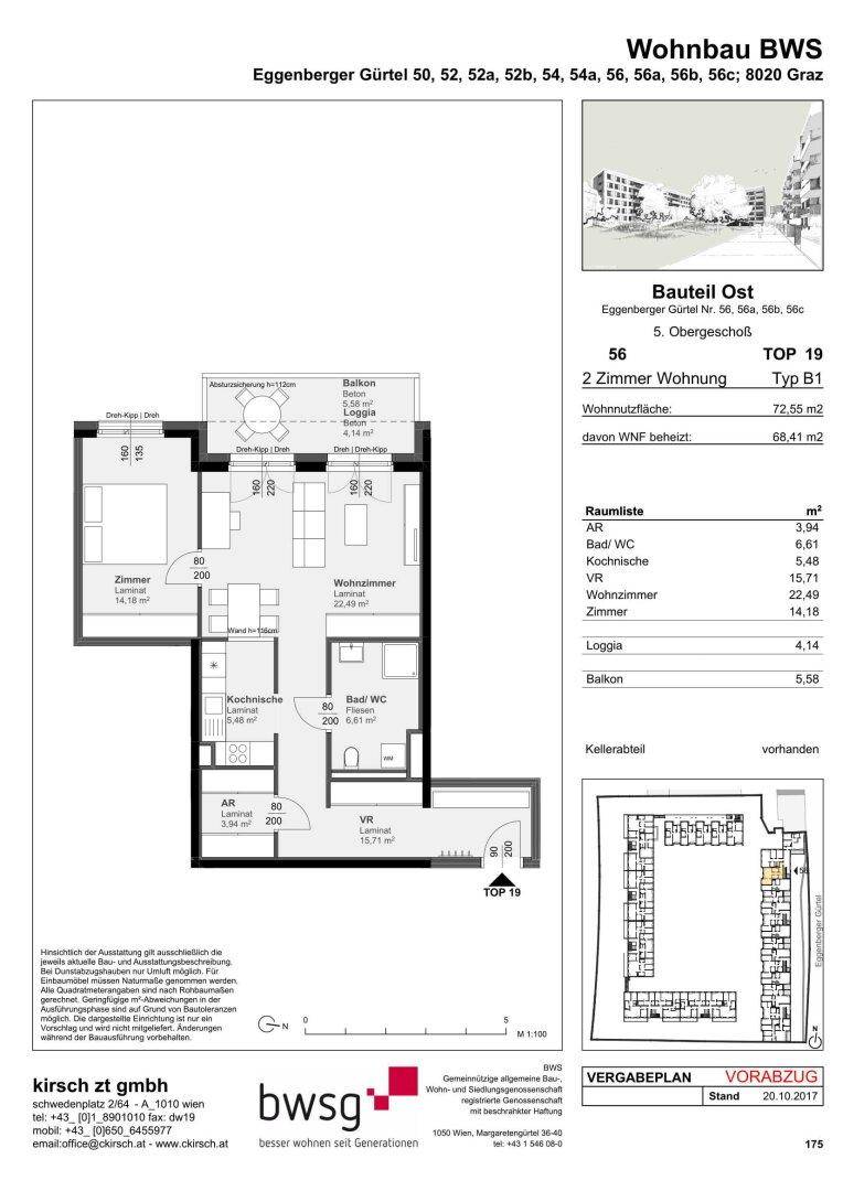Detaillierter Grundriss einer 2-Zimmer-Wohnung mit Balkon und Loggia, inklusive Flächenangaben.