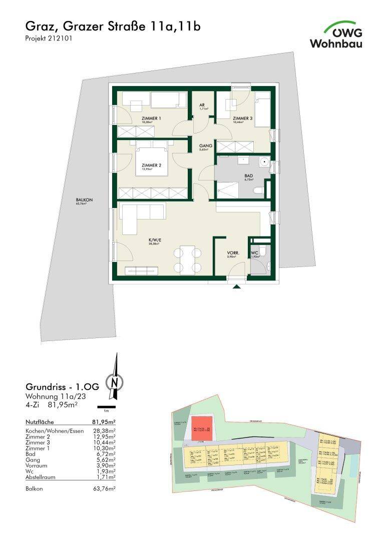 Grundriss der Wohnung 11a/23 im 1. Obergeschoss mit drei Zimmern, offenem Wohnbereich und großem Balkon.