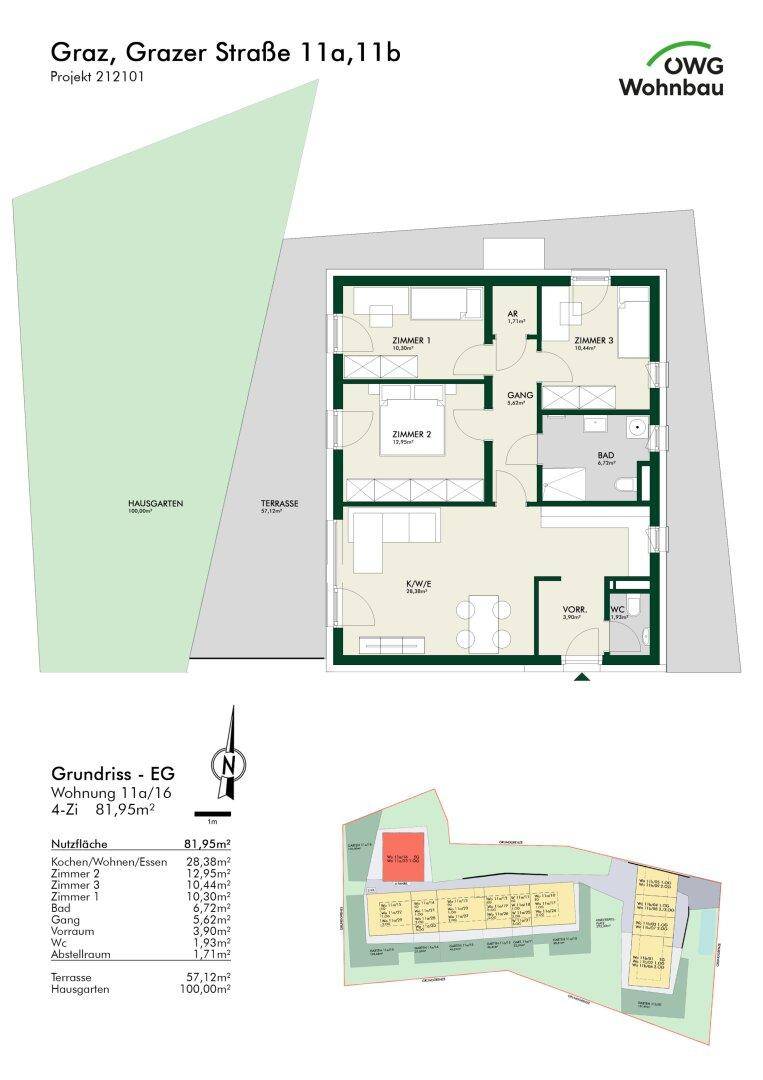 Grundriss einer 4-Zimmer-Wohnung im Erdgeschoss mit offener Wohnküche, Terrasse und Hausgarten.