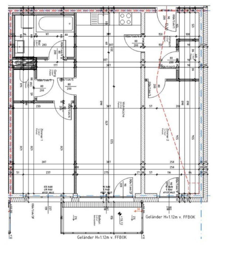 Detaillierter Grundriss der Wohnung mit Raumaufteilung und Bemaßungen für eine klare Übersicht.