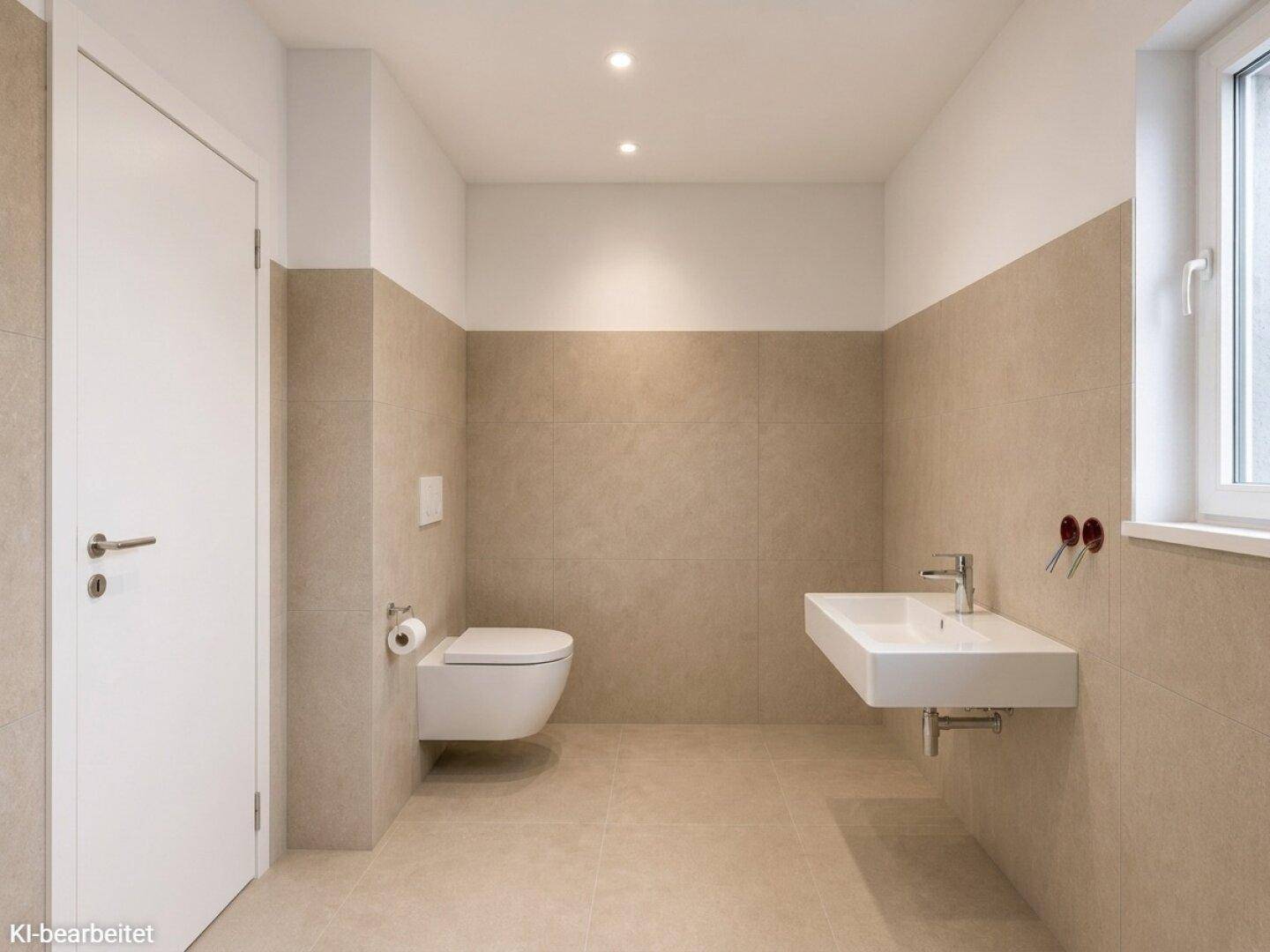 Modernes Badezimmer mit beigefarbenen Fliesen, wandhängendem WC und schwebendem Waschbecken.