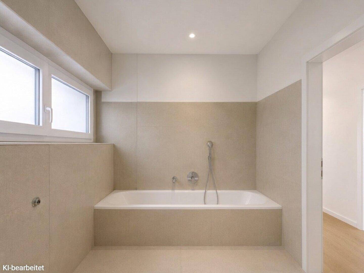 Helles Badezimmer mit eingebauter Badewanne, beigefarbenen Fliesen und einem Fenster für Tageslicht.