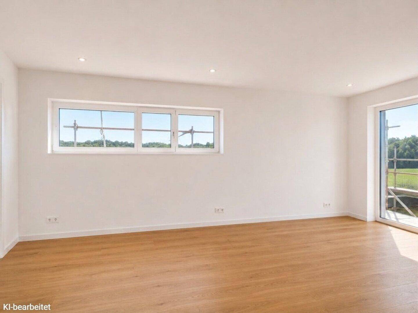 Geräumiges, leeres Zimmer mit Holzboden und großen Fenstern, die viel Tageslicht hereinlassen.