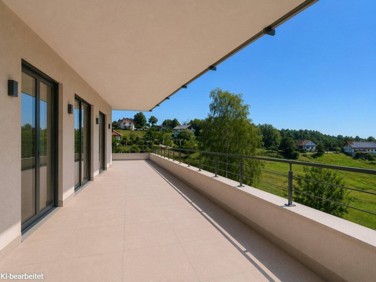 Sonniger, langer Balkon mit Fliesenboden, modernem Geländer und weitem Blick ins Grüne.