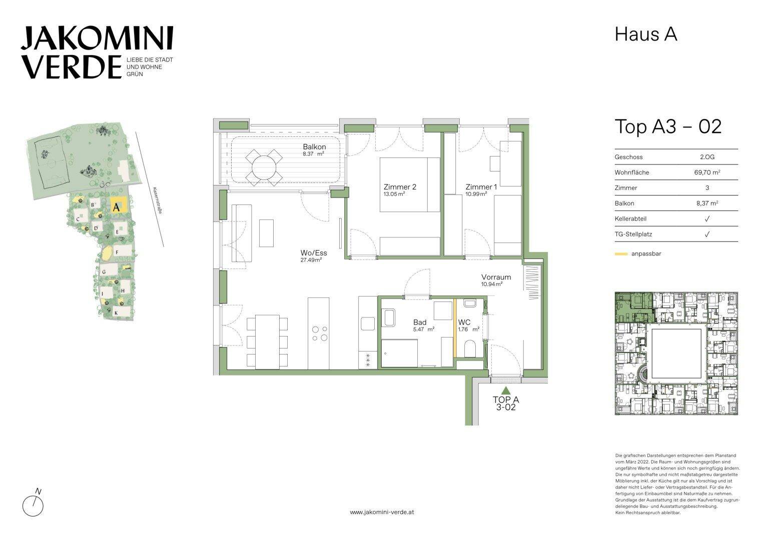 Grundriss der Wohnung Top A3-02 mit drei Zimmern, Balkon und offener Wohnküche.