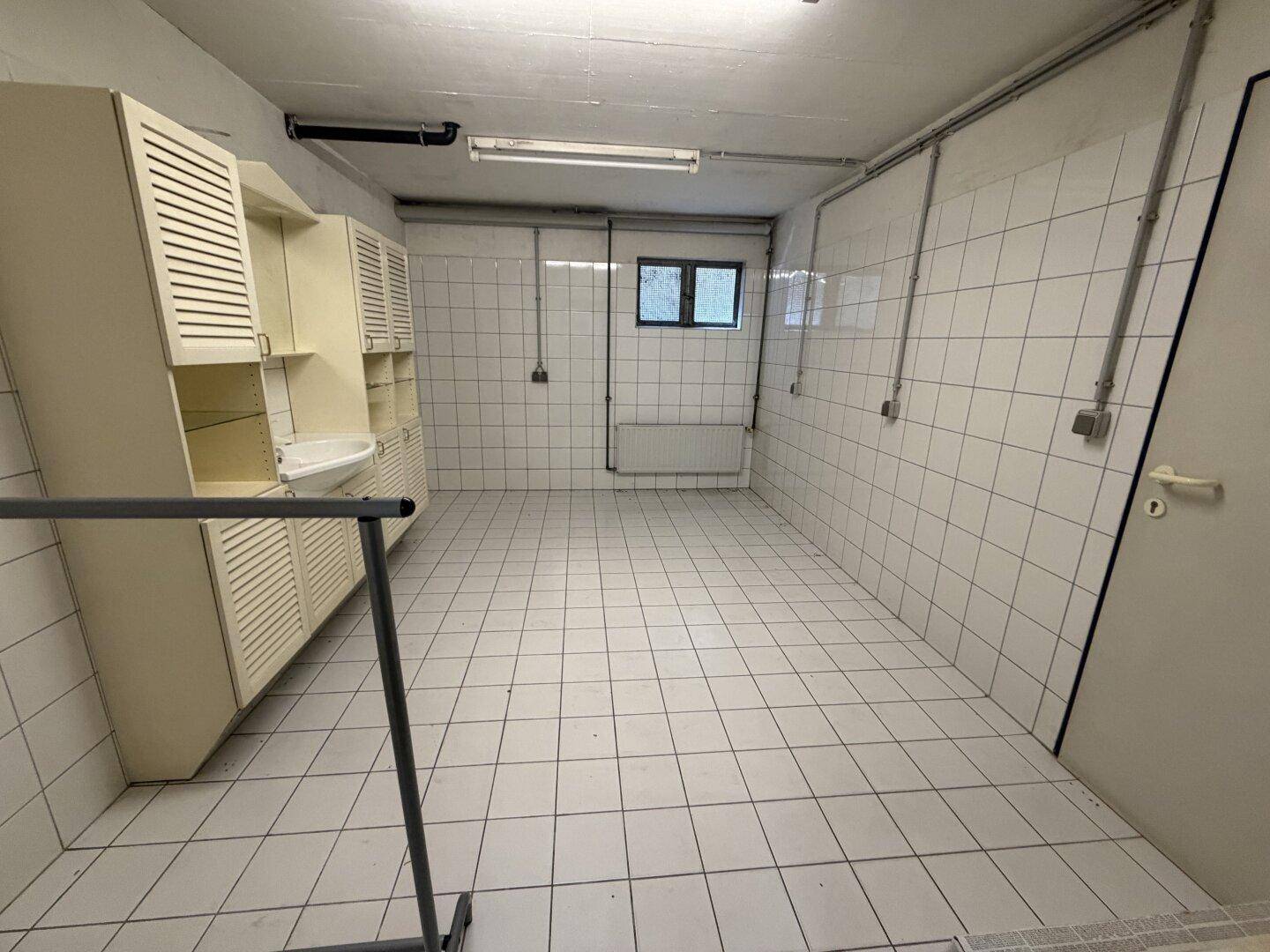 Funktionaler Raum im Untergeschoss mit Fliesenboden, Waschbecken und Schränken, ideal als Hauswirtschaftsraum.
