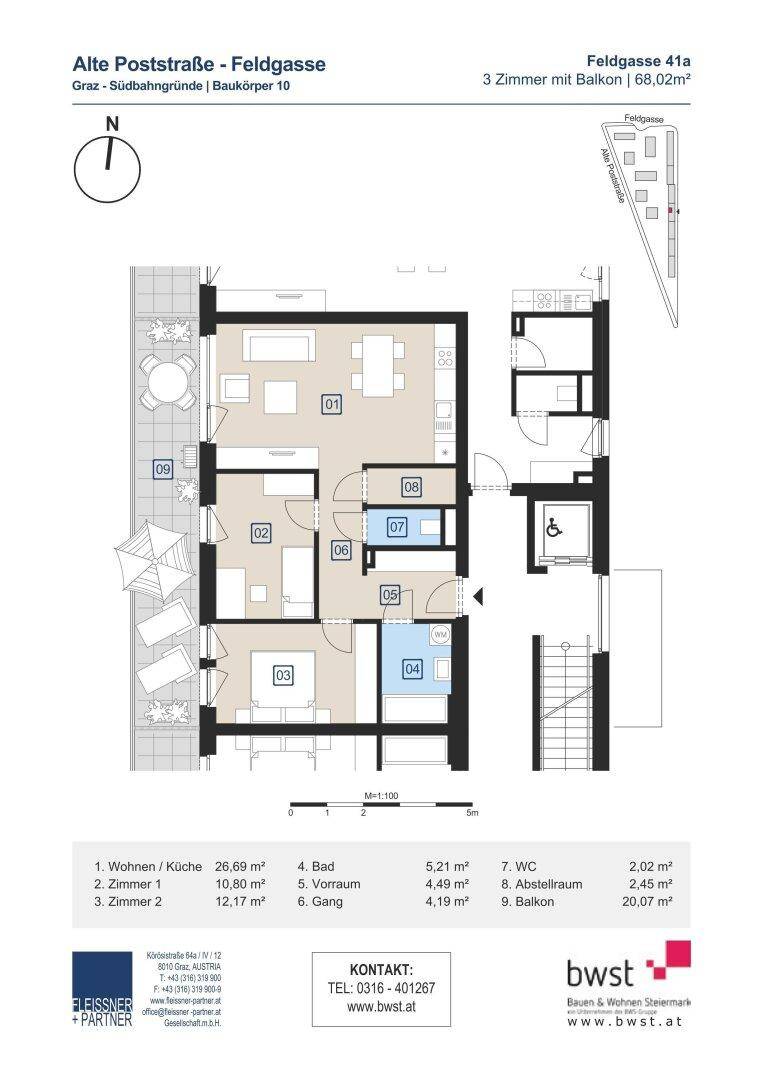 Detaillierter Grundriss der Wohnung mit Raumaufteilung und Flächenangaben für eine klare Übersicht.