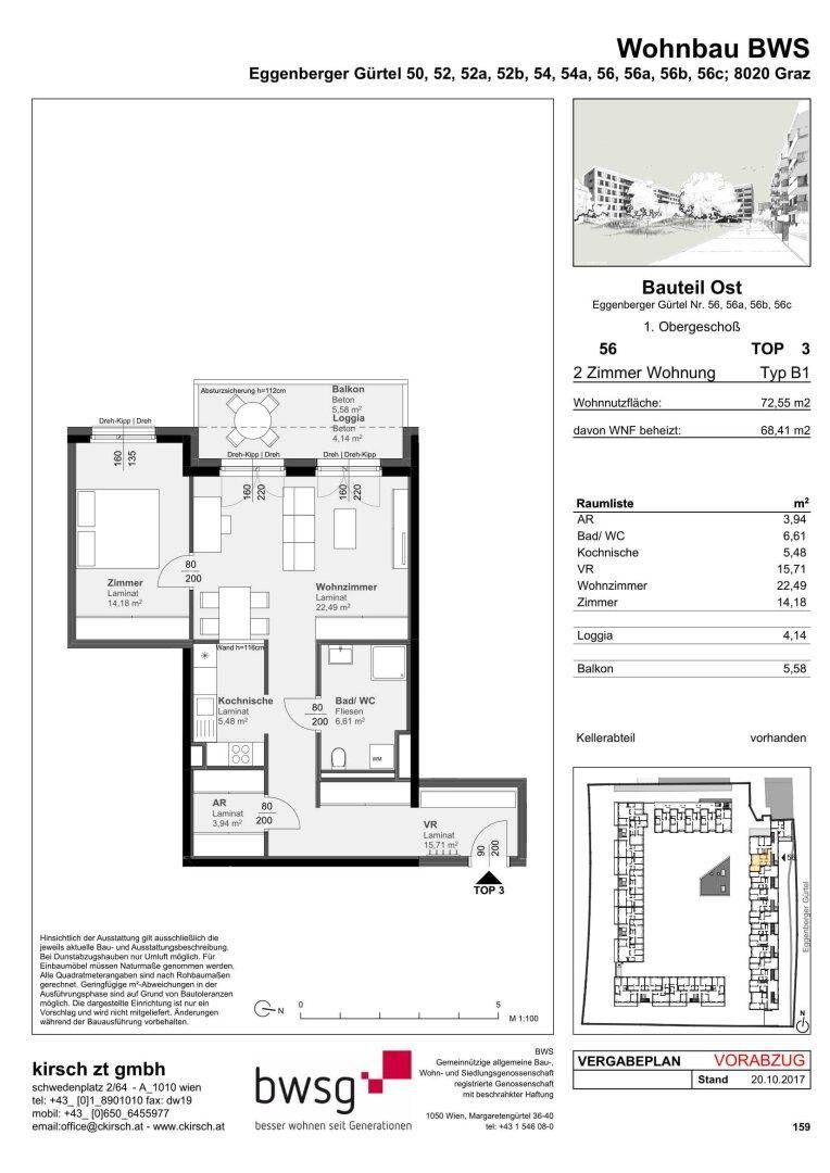 Grundriss einer 2-Zimmer-Wohnung mit offener Küche, Loggia und Balkon.