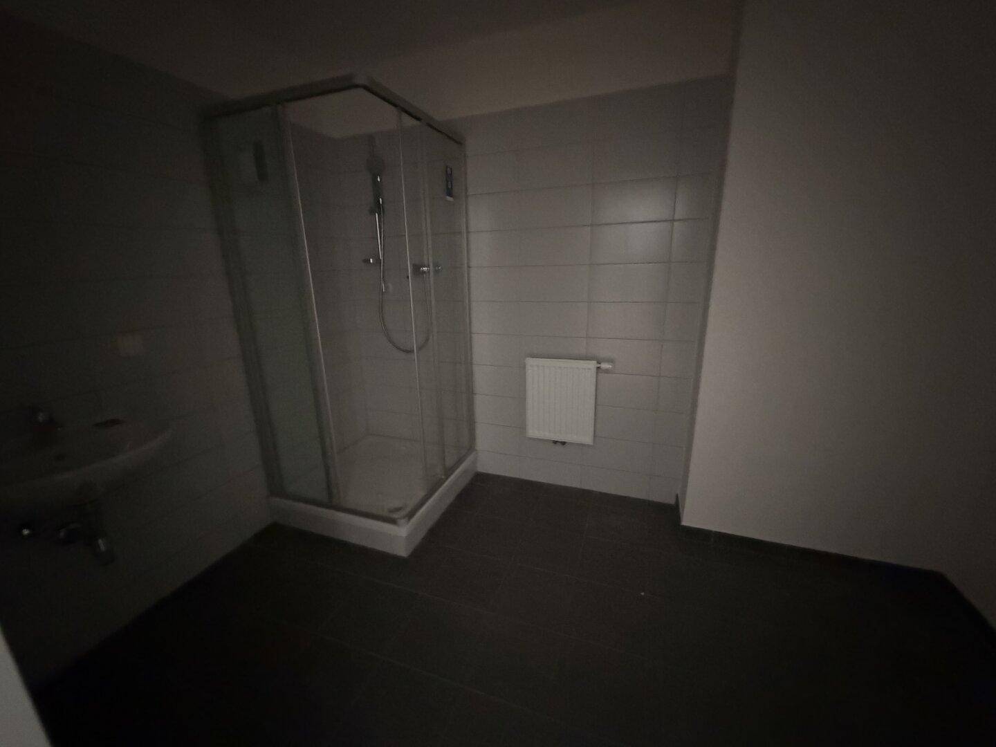 Badezimmer mit dunklen Fliesen, Duschkabine und Waschbecken, funktional und sauber.