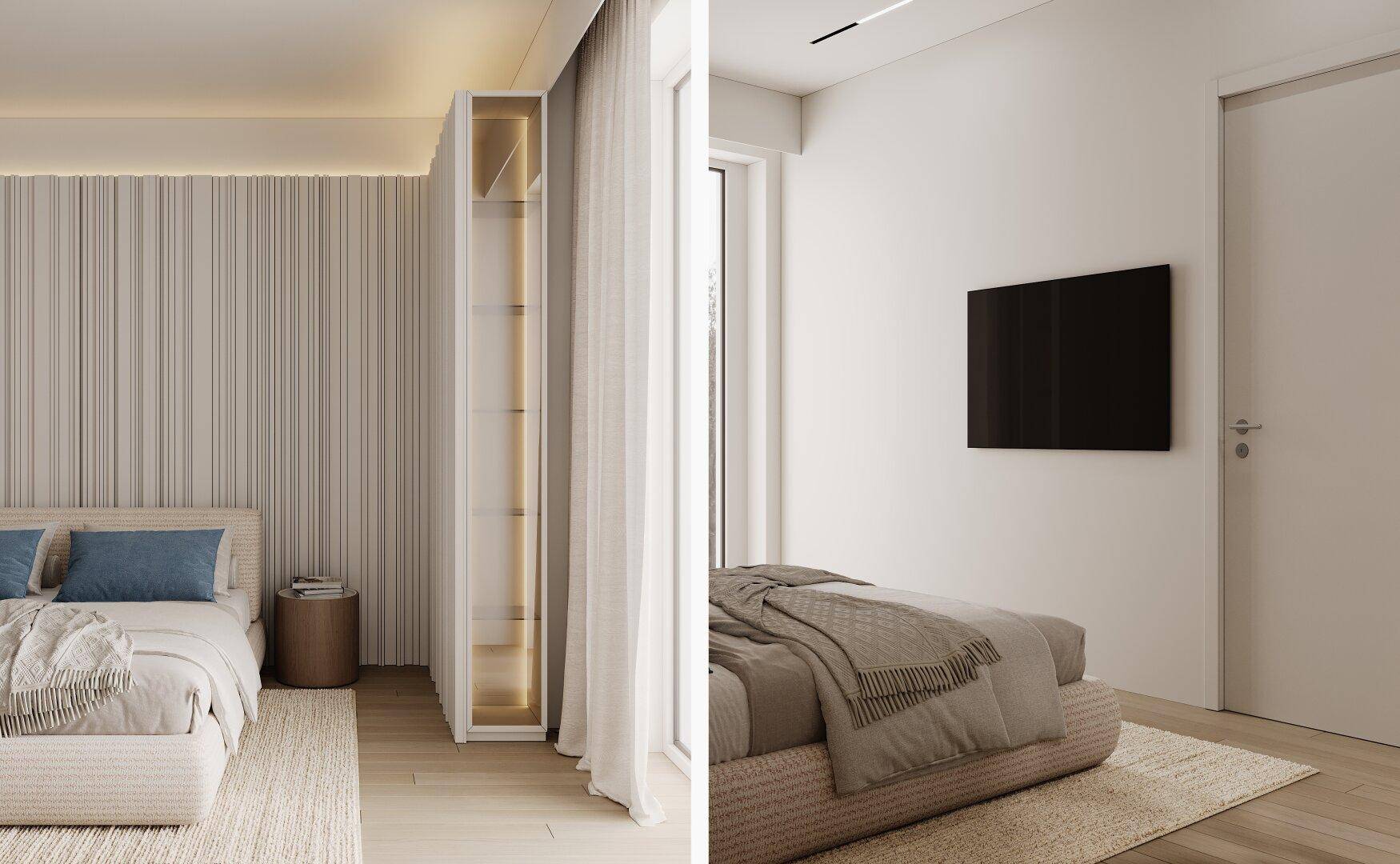 Modernes Schlafzimmer mit hellem Holzboden, gestreifter Akzentwand und integriertem Schrank.