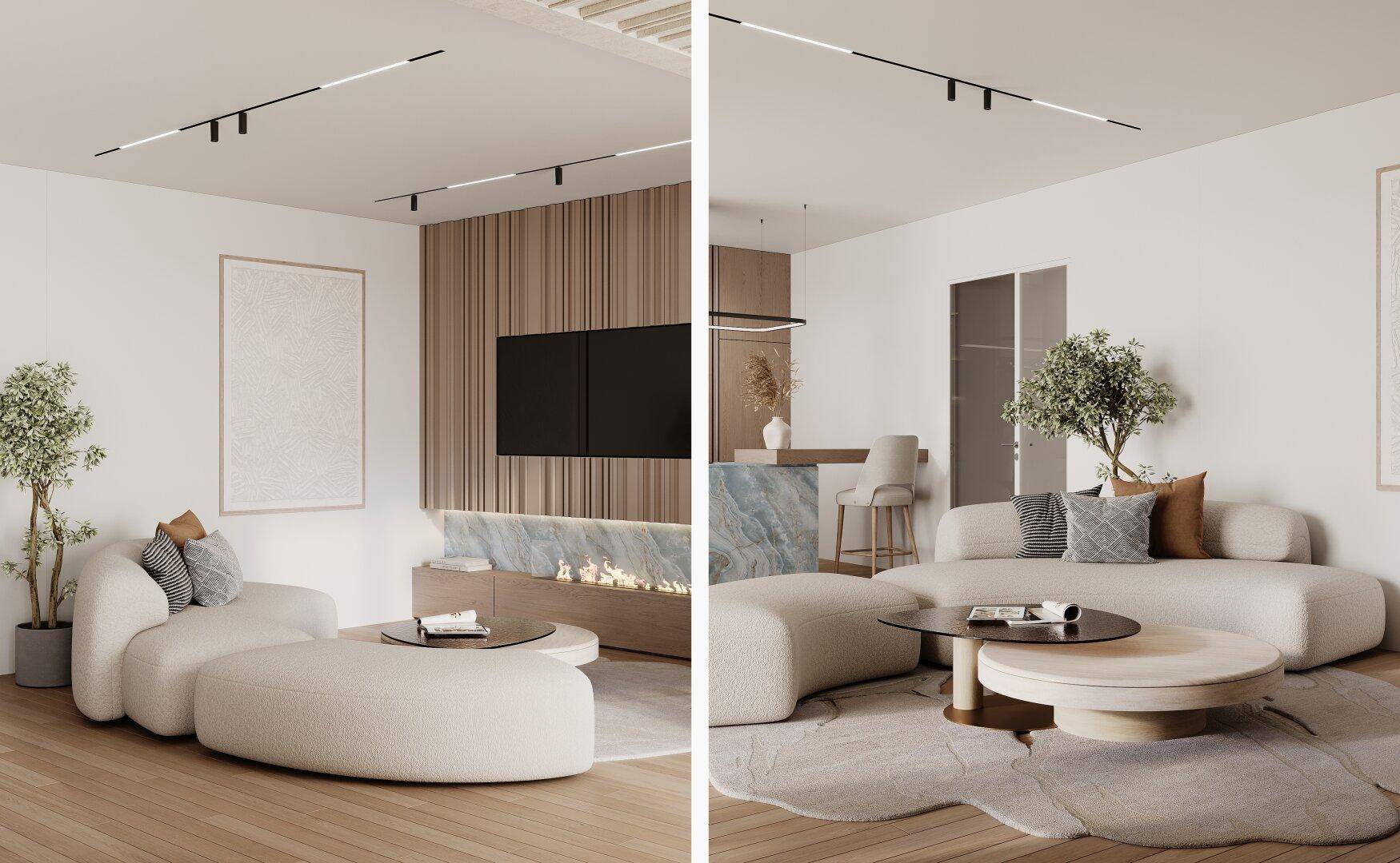 Modernes Wohnzimmer mit geschwungenem Sofa, Kamin und offener Gestaltung zum Essbereich.