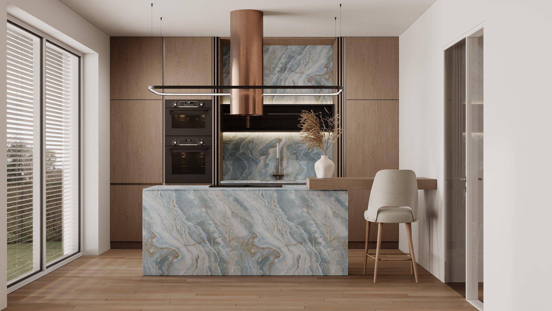 Moderne Küche mit großer Insel aus blauem Marmor, Holzelementen und integrierten Geräten.