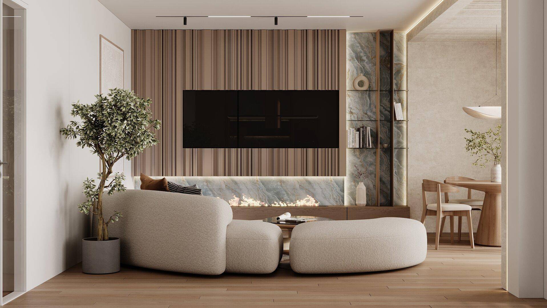 Offener Wohn- und Essbereich mit Kamin, modernem Sofa und hellem Holzboden.