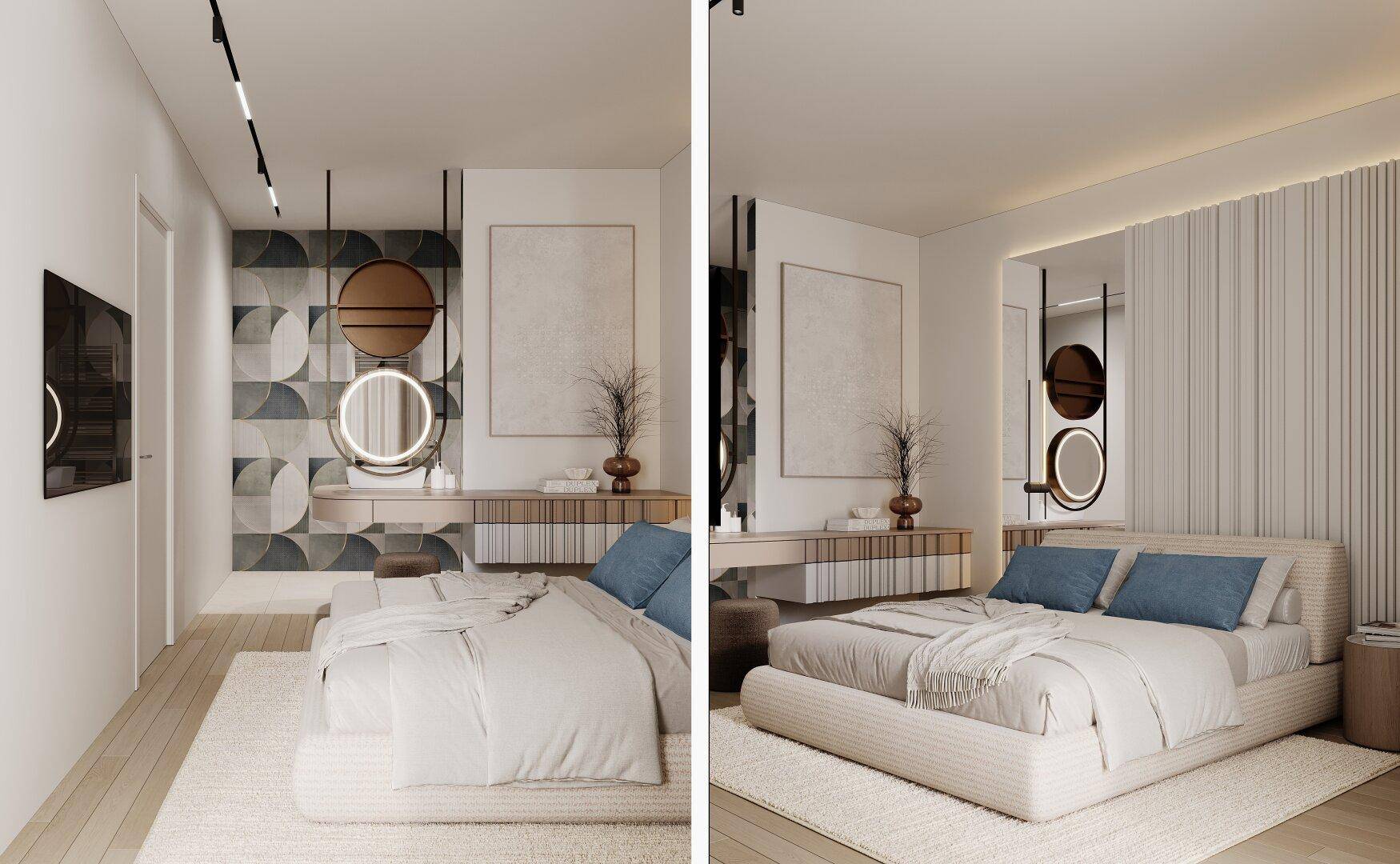 Elegantes Schlafzimmer mit modernem Design, Schminktisch und dekorativer Wandgestaltung.