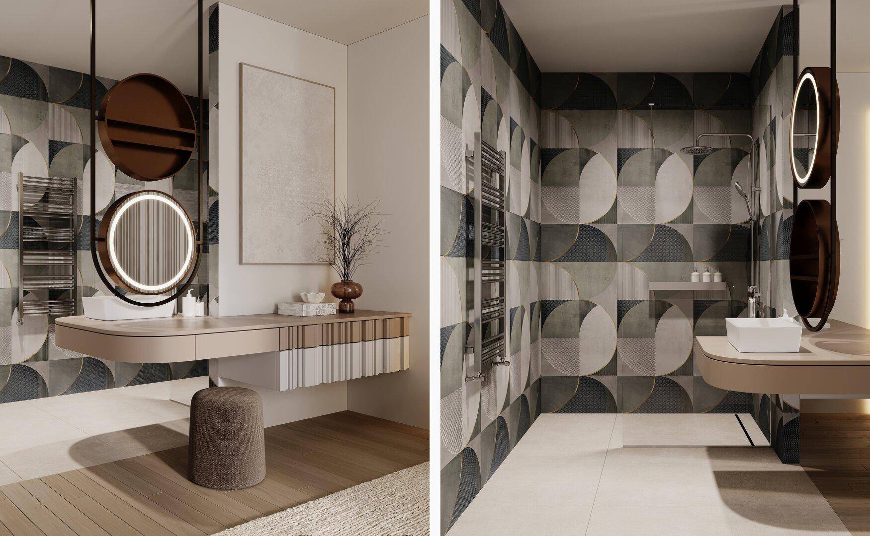 Modernes Badezimmer mit geometrischen Fliesen, beleuchtetem Spiegel und begehbarer Dusche.