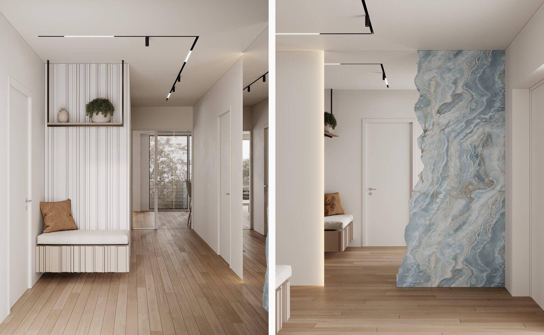 Heller Flur mit Holzboden, Sitzbank und dekorativer Wandverkleidung in Marmoroptik.